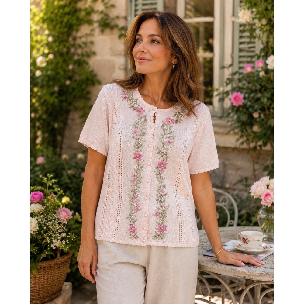 Jaclyn Smith Collectibles Embroidered Floral Knit Cardigan Pink Ramie Large
